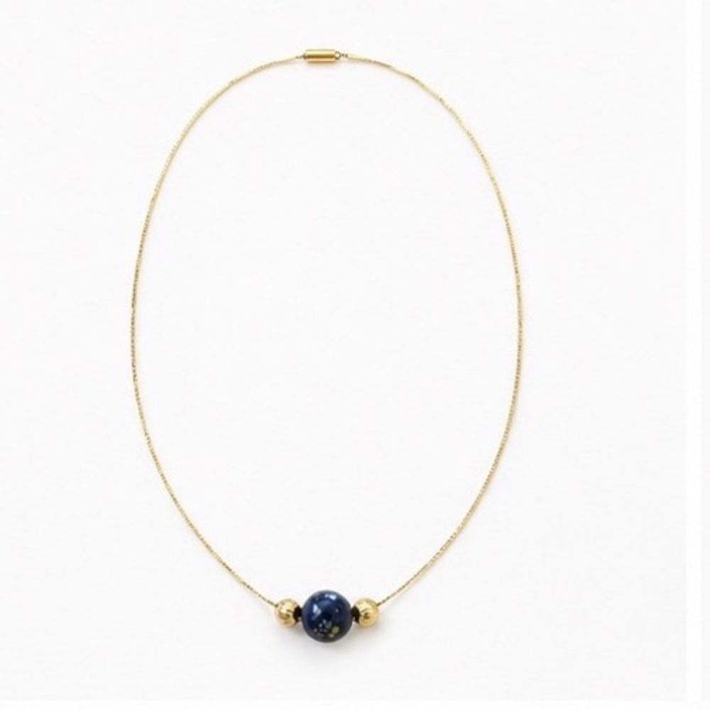 Gold Tone Dainty Necklace Blue Art Glass Bead Celestial Speckle Barrel Pin Clasp - Picture 3 of 8
